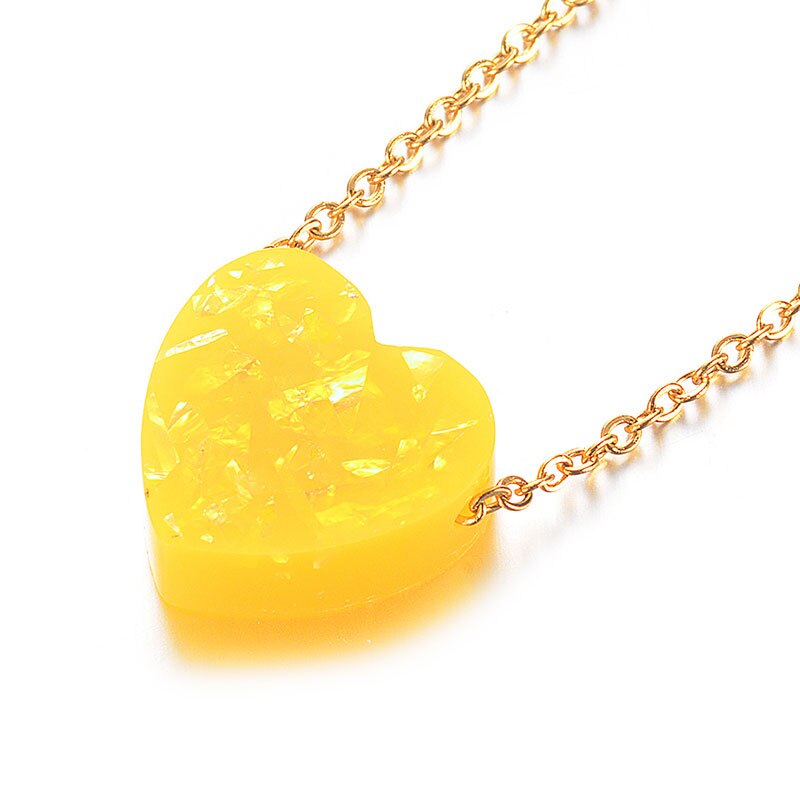 6 Colors 12mm Heart Shape Opal Stone Pendant Necklace 316L Stainless Steel Gold Chain Collar Jewelry Girlfriend: Yellow