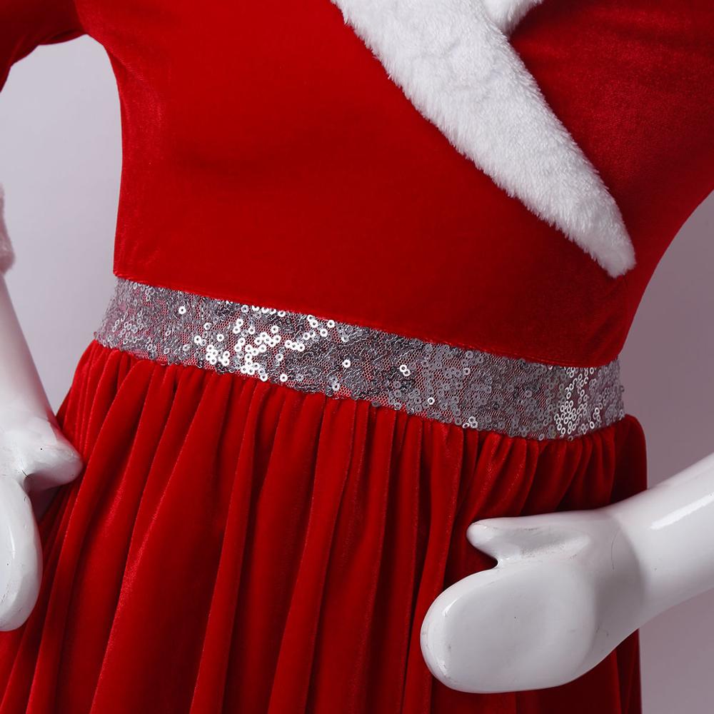 Kids Girls Christmas Dance Costume Dancewear Long Sleeve Faux Fur Trimming Velvet Baton Twirling Dress Figure Ice Skating Dress