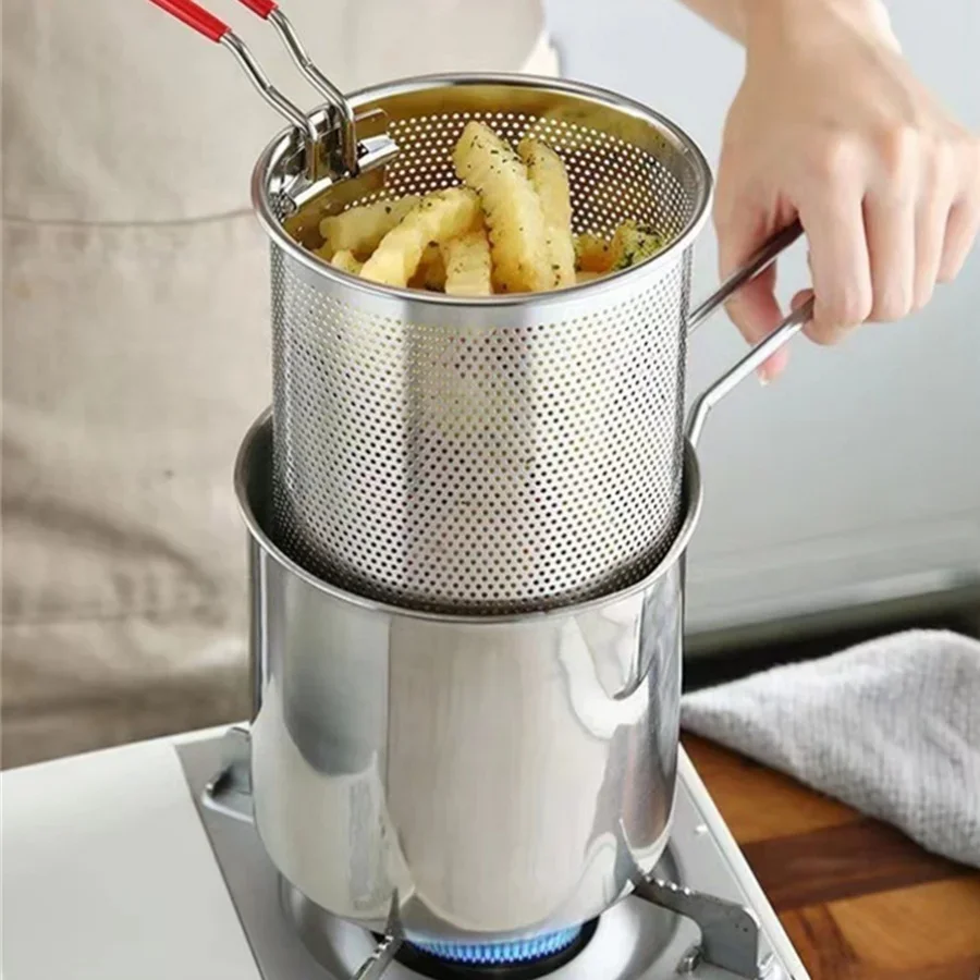 stainless steel fryer with French fries and chicken wings, household small oil pot with filter screen, Tianfu Luo pot: Default Title