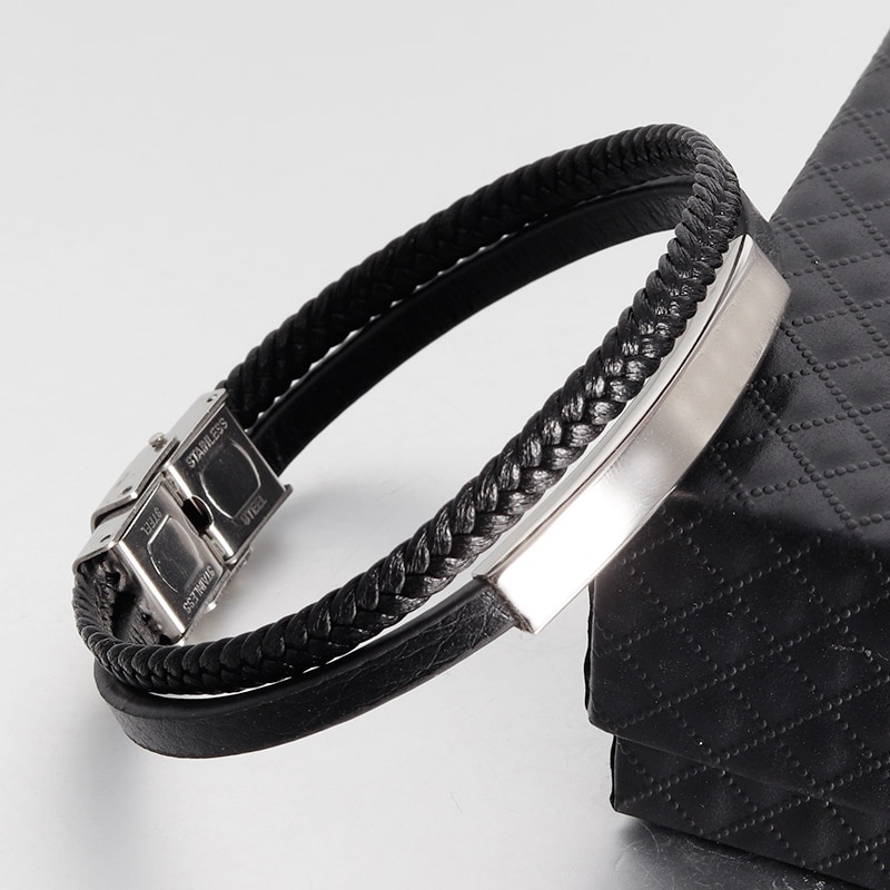 Lederen Armband voor Mannen 316L Rvs Stijl Veiligheid Sluiting Polsband Vintage Mode-sieraden