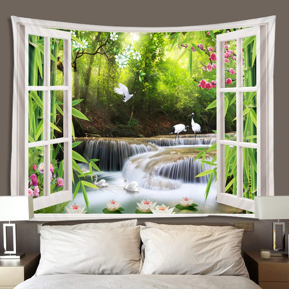 3D window beautiful scenery tapestry wall hanging green bamboo forest waterfall tapestry gng cloth bedroom living room dormitory: 260x200cm
