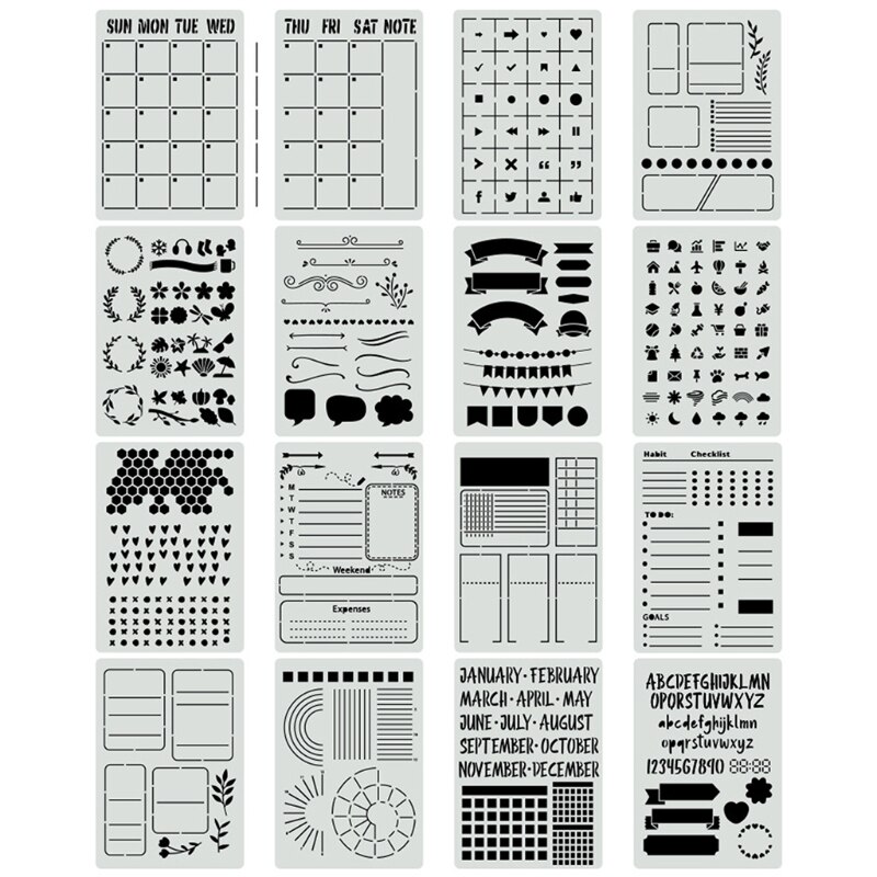 16pcs Plastic Journal Stencils Template for Journal Notebook Diary Scrapbook Planner DIY Drawing Stencils 8x6 Inch