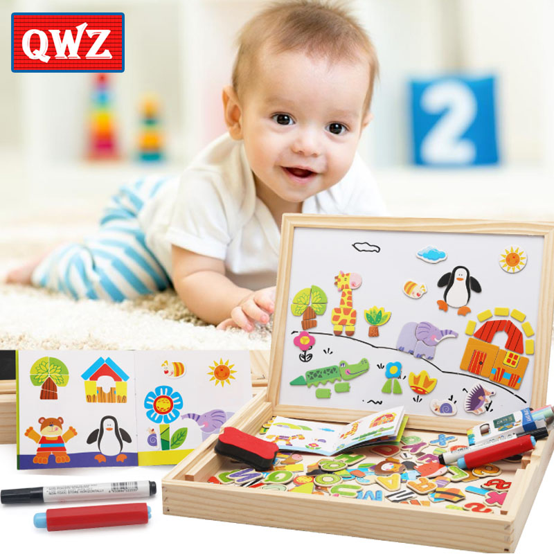 QWZ Houten Puzzels Voor Kinderen Cartoon Dieren Multifunctionele Magnetische Puzzel Tekentafel Educatief Speelgoed Voor Baby