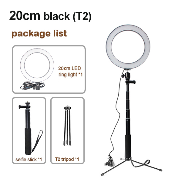 LED Studio Camera Ring Licht Fotografie 16cm 20cm 26cm Foto Camera Ring Licht Met Statief USB Plug voor Telefoon Houder Make Up: 20cm Black