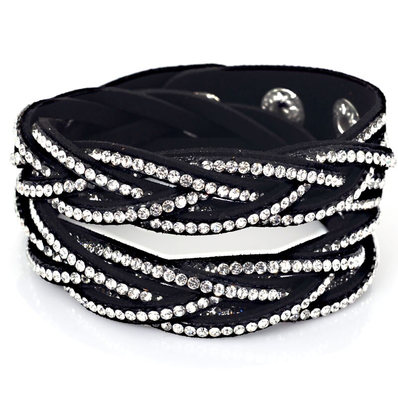 Miasol Trendy Crystal Wrap Rhinestones Braided Double Wrap Leather Charm Bracelet For Women Girl Bracelets: Black with clear