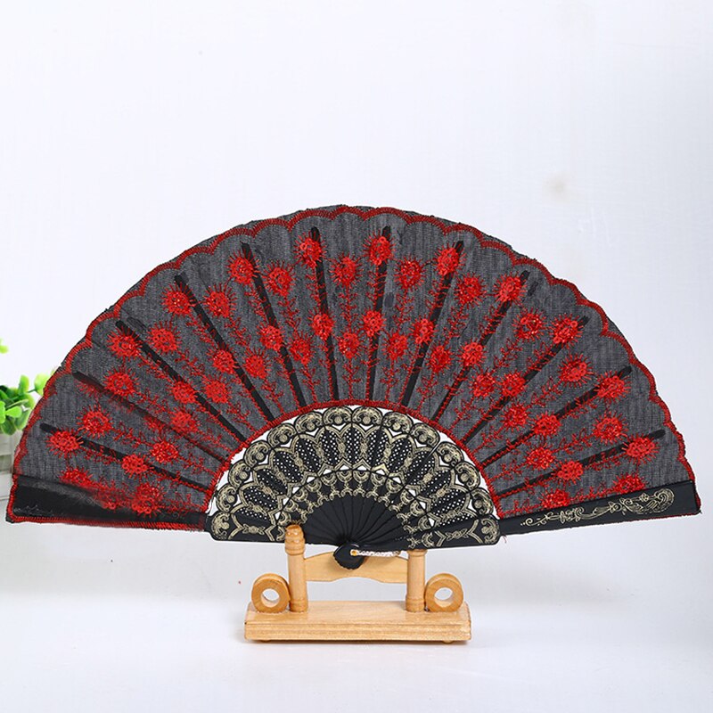 Art Fan Folding Tail Feather Plastic Bone Sequins Carved Hand Fan Summer Accessory Crafts Print Home Decor Embroidery