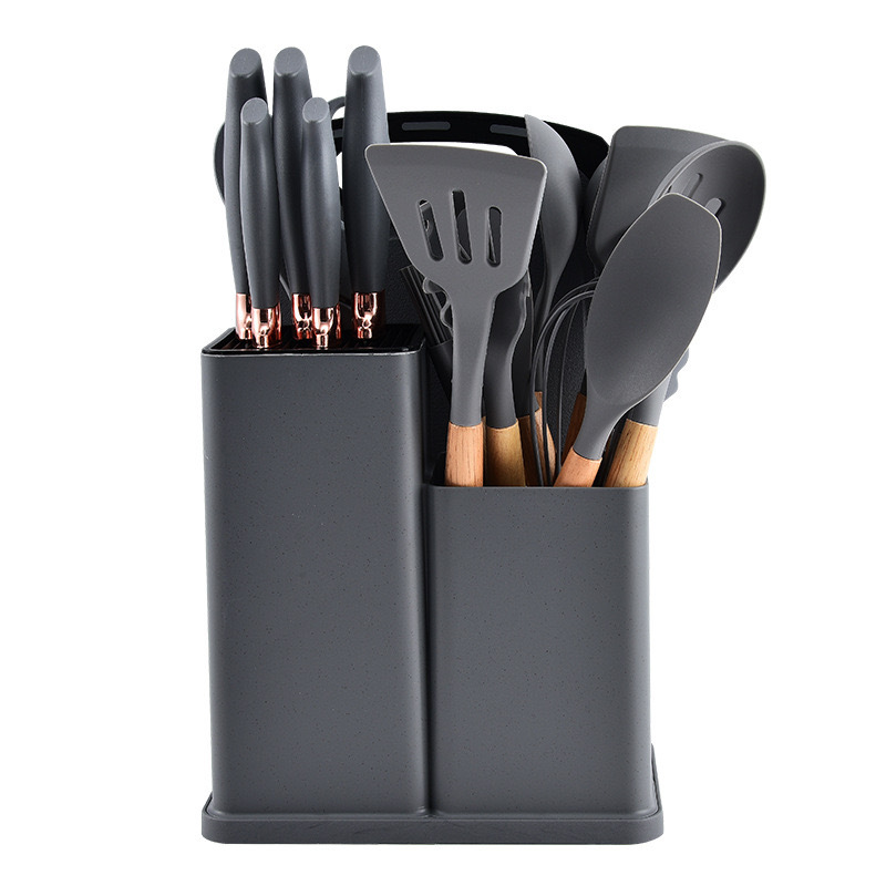 Utensilios de cocina de silicona con mango de madera, juego de ollas antiadherentes, Cubo de almacenamiento, 19 piezas: Gris
