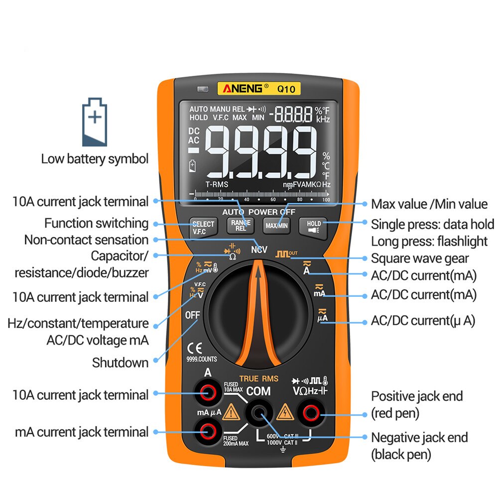 ANENG Q10 Digital Multimeter 9999 Tester Multimetro True RMS Analog DIY Transistor Capacitor NCV Testers Lcr Meter