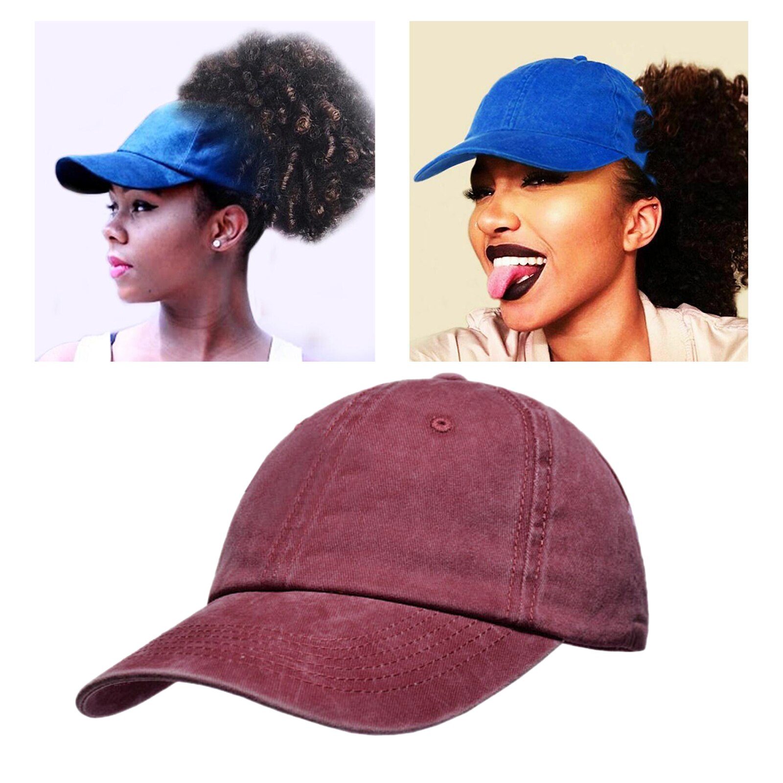 Chapeau de Baseball pour femmes, chignon décoiffé, queue de cheval bouffante, haut, cheveux bouclés, dos nu: Burgundy