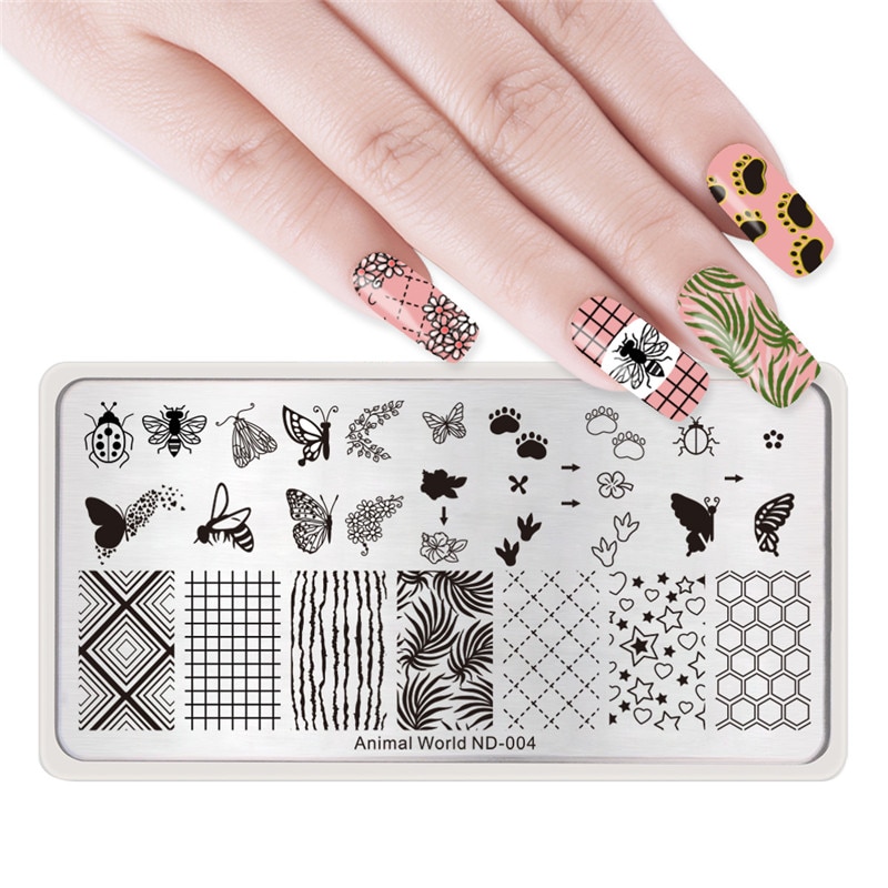 Nicole Dagboek 5 Pcs Stempelplaten Nail Animal World Series Kat Uil Tijger Rechthoek Nail Art Image Plates