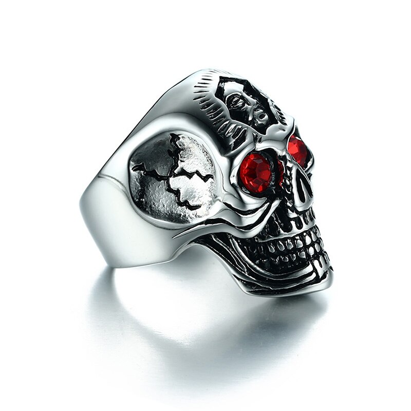 Vnox Mens Skull Ring Hiphop Stainless Steel Skeleton Rings for Men Jewelry with Red Stone Halloween Undead Decorations