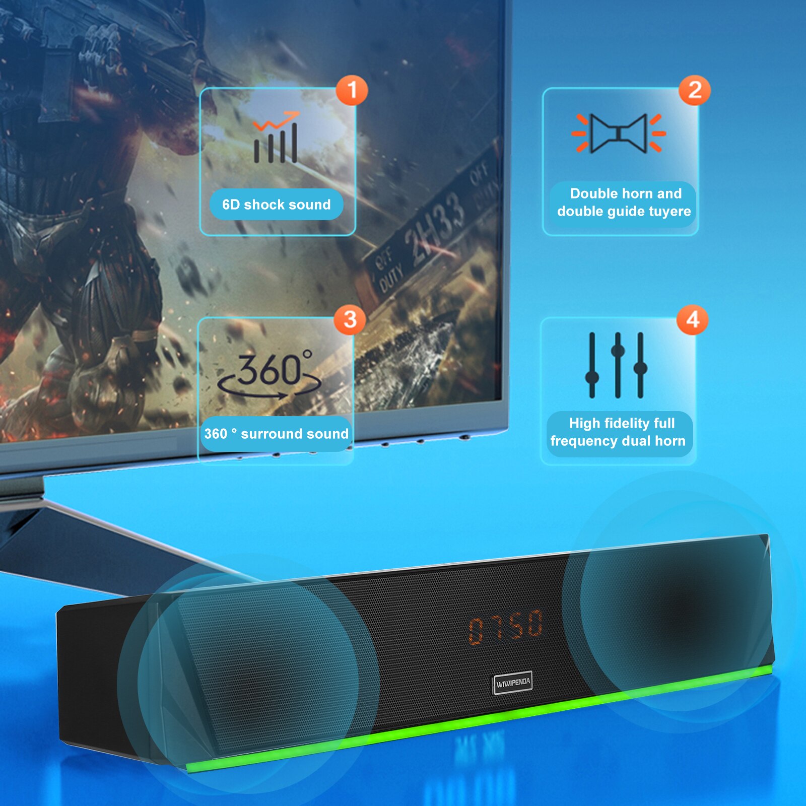 L7 desktop luidsprekers draadloos bluetooth 5.0 soundbar wekker tijdweergave 10w luidsprekers aux-ingang usb tf-kaart muziekweergave