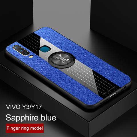 Vivo Y17 Y15 Y12 Y3 Phone Case Car Magnetic Ring Stand Cloth Stitching Back Cover Shockproof Armor Casing: For ViVO Y17 / Blue