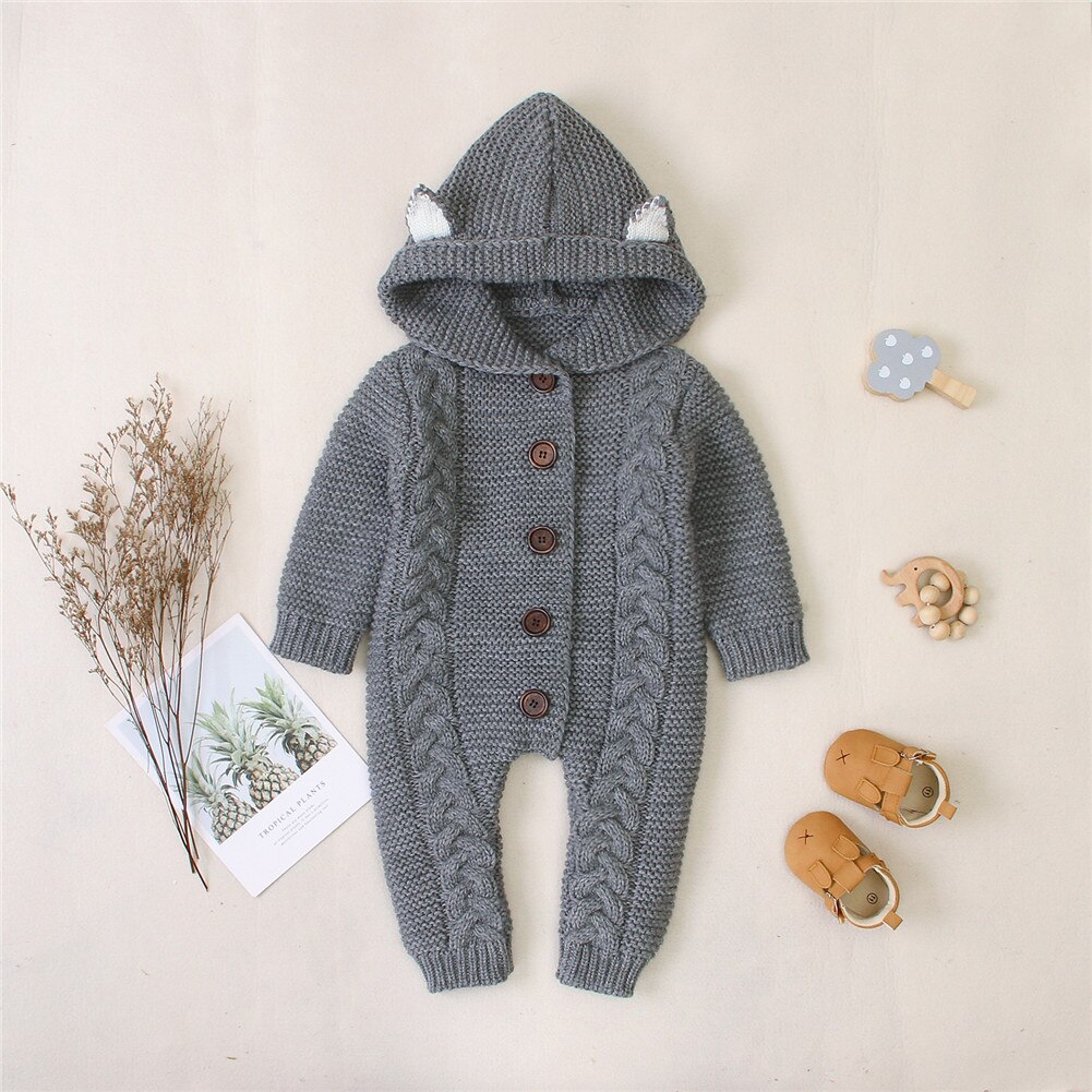Focusnorm 0-24M Winter Baby Meisjes Jongens Rompertjes Knit Solid Hooded Lange Mouwen Single Breasted Warm Jumpsuits