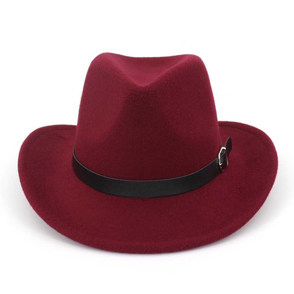 Filcowe kapelusze kowbojskie w stylu Zachodni, jazzowe, męskie i damskie, z daszkiem przeciwsłonecznym i klamrą robić paska, damskie, podróżne, z dużym rondem, czapki kowbojskie: Czerwone wino