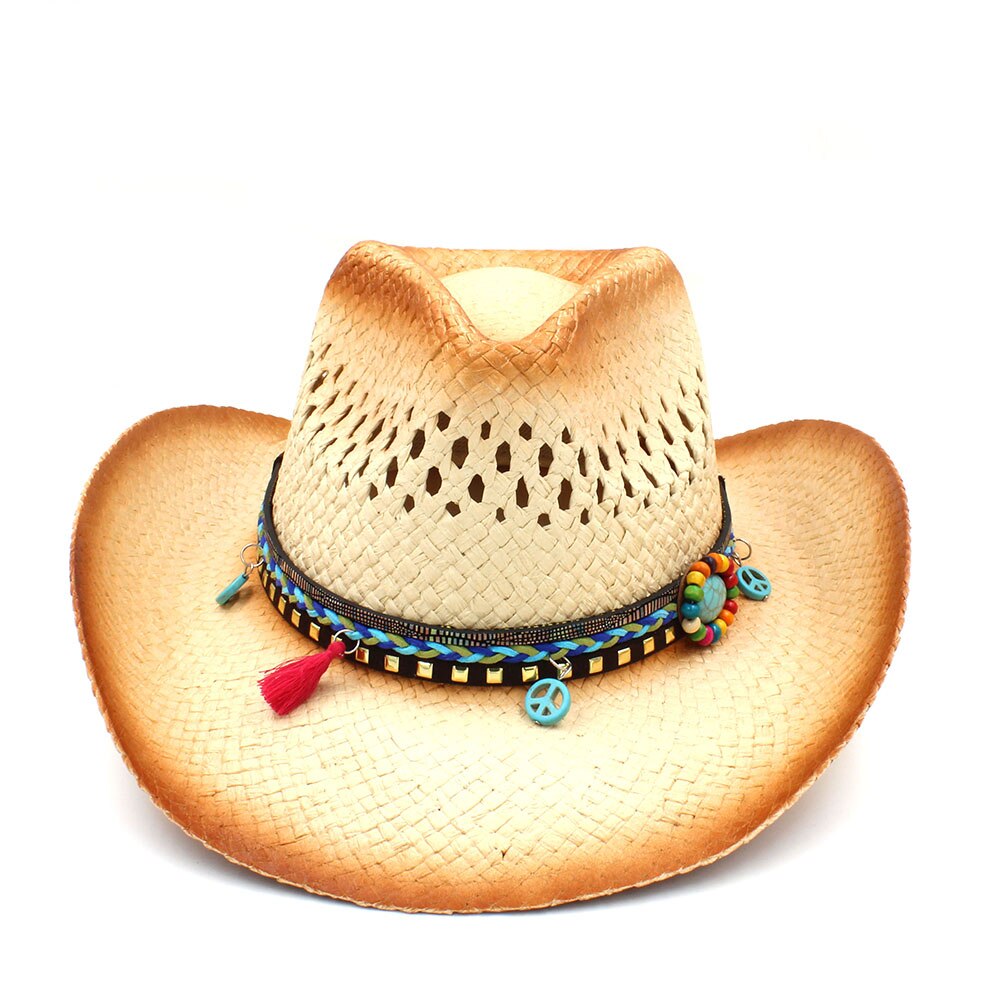 Women Men Western Cowboy Hat With Punk Bull Head Band Straw Lady Dad Beach Sun Sombrero Cap Mesh Cowgirl Jazz Hat Size 58CM: C3 CBB