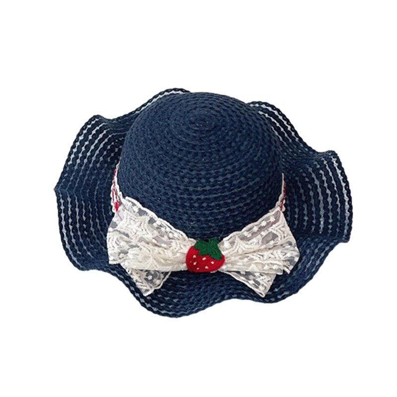 Kids Girls Boater Straw Hat Outdoor Wide Brim Seaside Summer Beach Flat Top Sun Caps Strawberry Bowknot Panama Straw Cap: Navy Blue