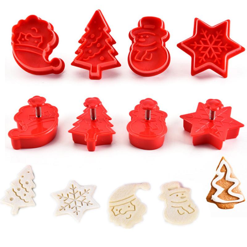 4 stuks Stempel Cookie Mold 3D Cookie Plunger Bestek Pastry Decoratie DIY Voedsel Fondant Bakvorm Tool Kerstboom Sneeuwpop