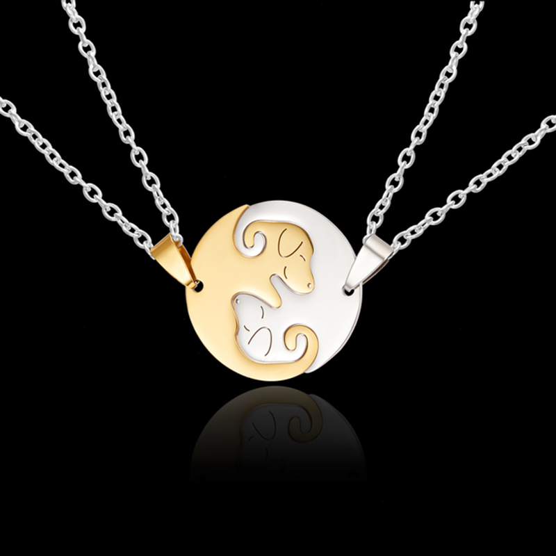 2pcs Personality Yin Yang Dog Couple Necklace Women Pair Pendant Matching Collar Stainless Steel Chain Stitching Jewelry