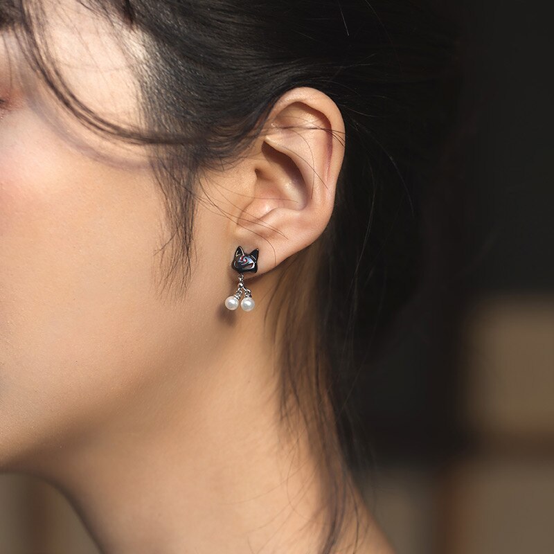 Thaya 925 argent Sterling boucle d'oreille mignon noir chat & patte boucle d'oreille Style japonais pour les femmes argent oreille bijoux fins