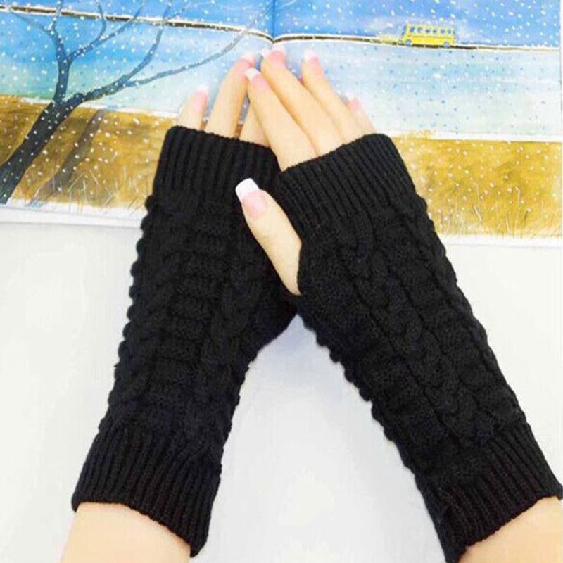 Kvinner menn twist hekle strikkede fingerløse hansker kort arm håndvarmer votter vinter varm ensfarget guantes mujer: 1- svarte