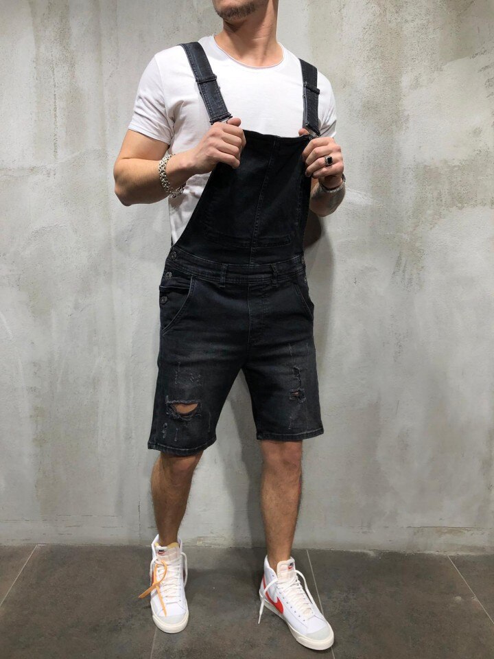 Pantalones cortos holgados a la para hombre, petos vaqueros rasgados para hombre, petos vaqueros informales para hombre, pantalones cortos hasta la rodilla: black / L