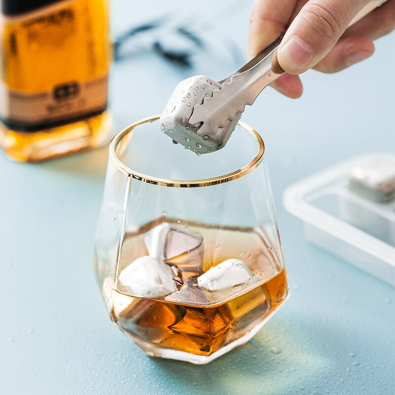 4 Stainless Steel Reusable Ice Cubes Chilling Stones with Tongs & Freezer Storage Tray For Whiskey Wine Cola Best Man