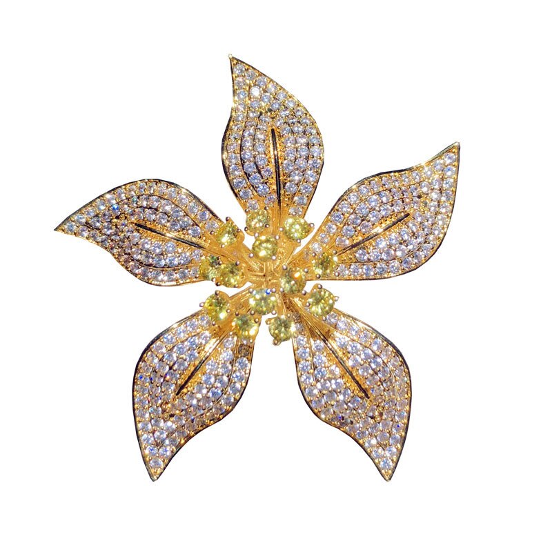 Brooches For Women Cubic Zirconia Yellow Bauhinia Luxury Vintage Big Pin Boutonniere Hyperbole Fine Jewelry Accessories