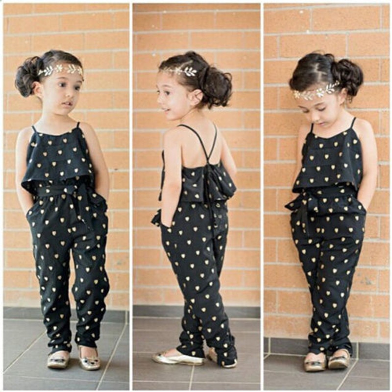 Baby Meisjes Hart Printing Zwarte Jumpsuit Mode Strappy Zomer Backless Chiffon Little Lady Overalls