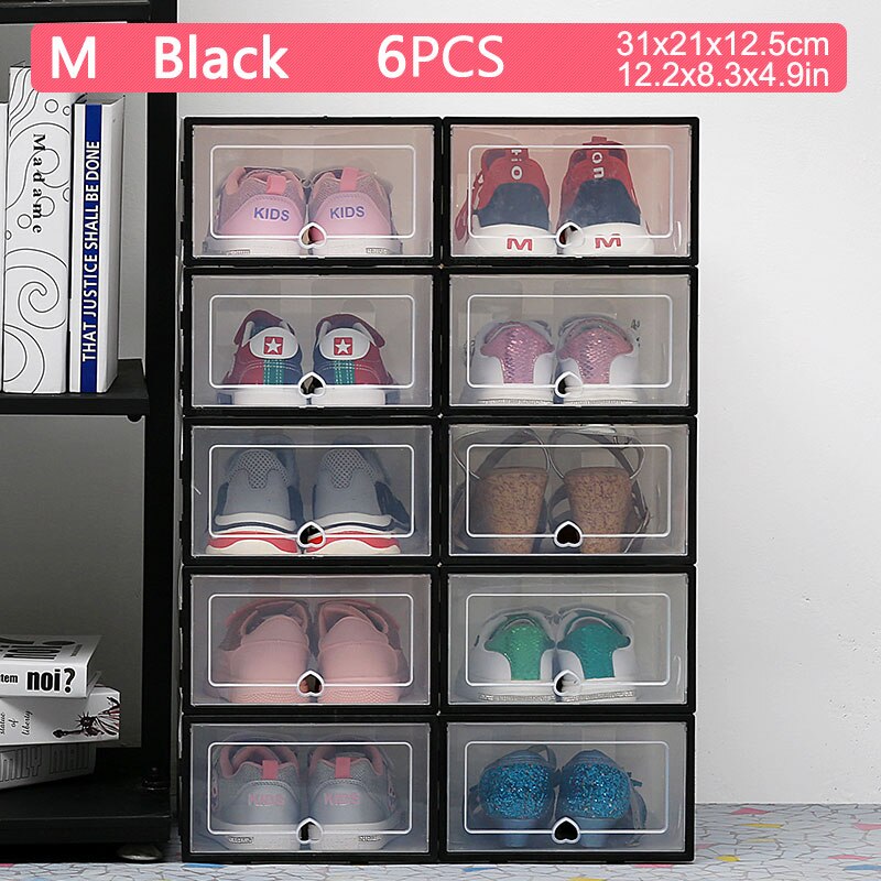 6pcs transparent shoe box thickened transparent dustproof shoe storage box can stacked combination shoe cabinet shoe organizer: 31X21X12.5cm BLACK6