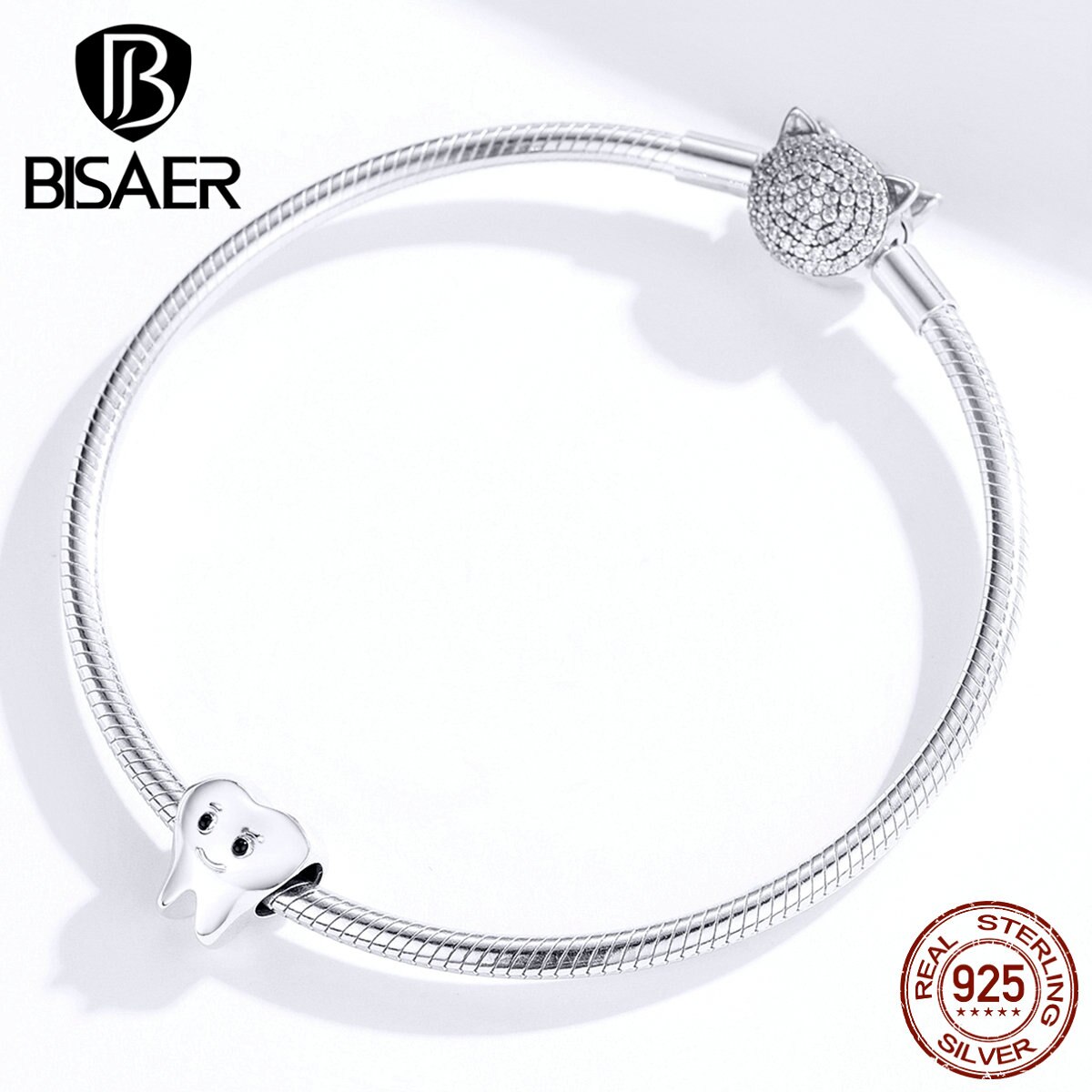 Cuentas de dientes BISAER Plata de Ley 925 cuentas colgantes de dientes lindos para mujeres pulseras brazaletes joyas de plata 925 ECC1401