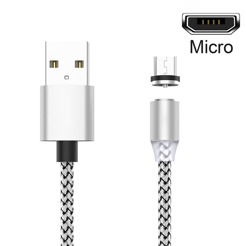 Fast Charging Type C Cable LED 2A Magnet Mini USB Cable Charger Data Mini Micro 2M Mobile Phone for Xiaomi 1M PC Computer: silver / 1m