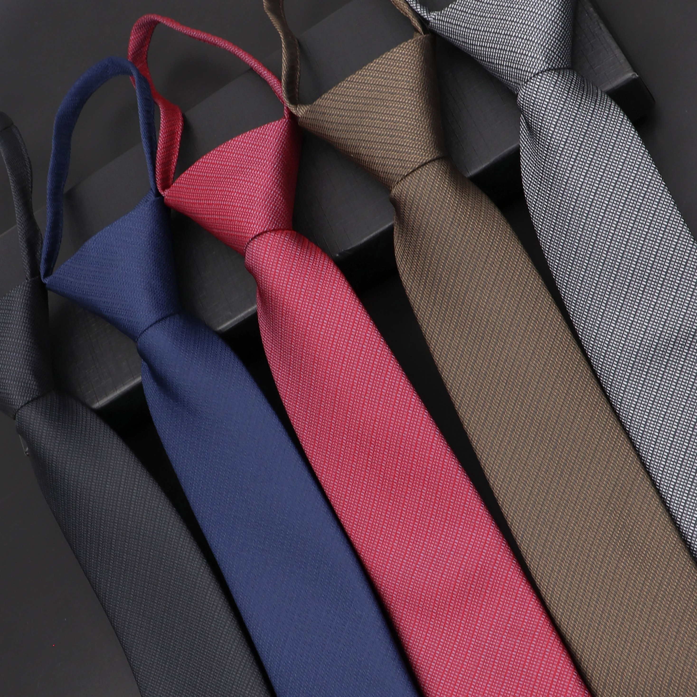 Cravate décontractée pour hommes, couleur unie, fermeture éclair, Slim, rouge, noir, bleu, marron, pour costume de mariage, chemise, accessoires,