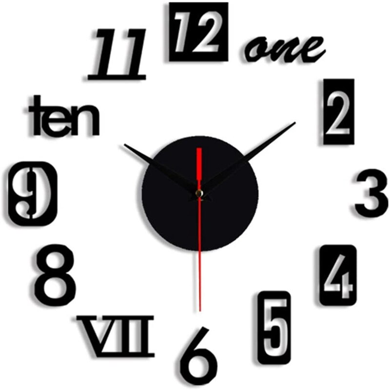 DIY Wall Clock - Modern 3D Mirror Wall Clock Decor,Roman Numerals Clock - Wall Sticker Clock Home Room Decor: black