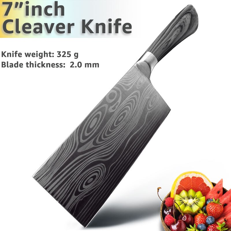 Køkkenkniv 5 7 8 tommer rustfrit stål kokknive kødkløver santoku utility 440c lazer damacuse mønster madlavningssæt: 7 in kniv