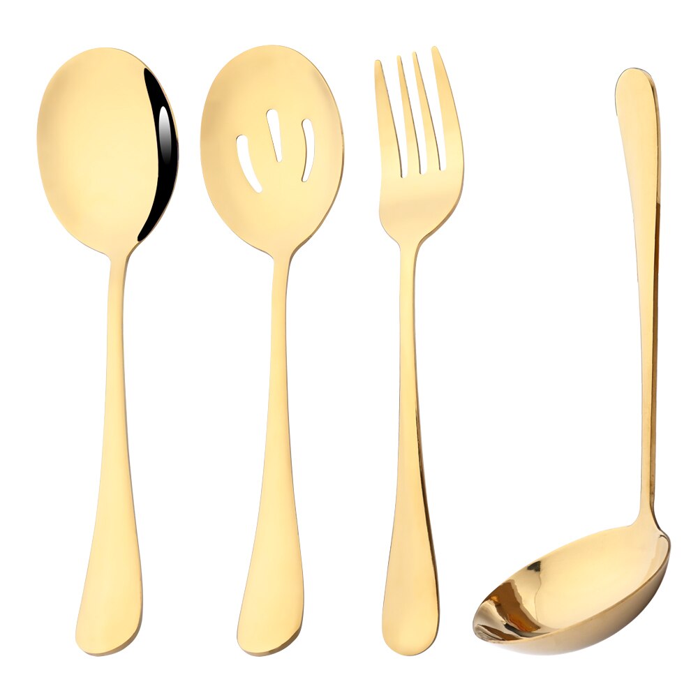 Drmfiy Silver 4Pcs Stainless Steel Cutlery Serving Utensils Buffet Catering Dinnerware Set Serving Colander Spoon Fork Flatware: Gold