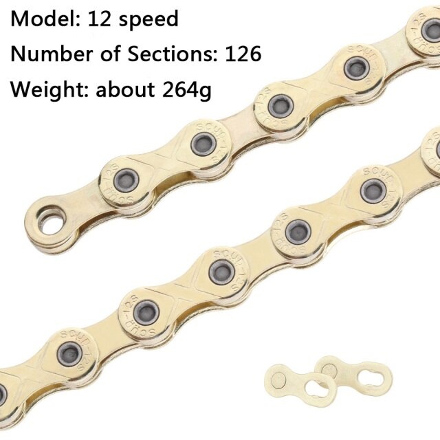 Chaîne de vélo ajourée dorée arc-en-ciel, pour KMC X9 X10 X11 X12, 9/10/11/12 vitesses, pour vtt/vélo de route, 116L 126L: gold 12S