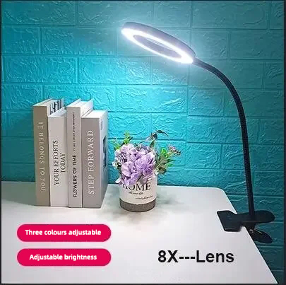 LED-Lupe, 8-fach, mit Klemme, 3 Farbmodi, verstellbarer Schwenkarm, beleuchtete Lupe, Schreibtischlampe für Reparaturarbeiten, Bastelarbeiten: Silber