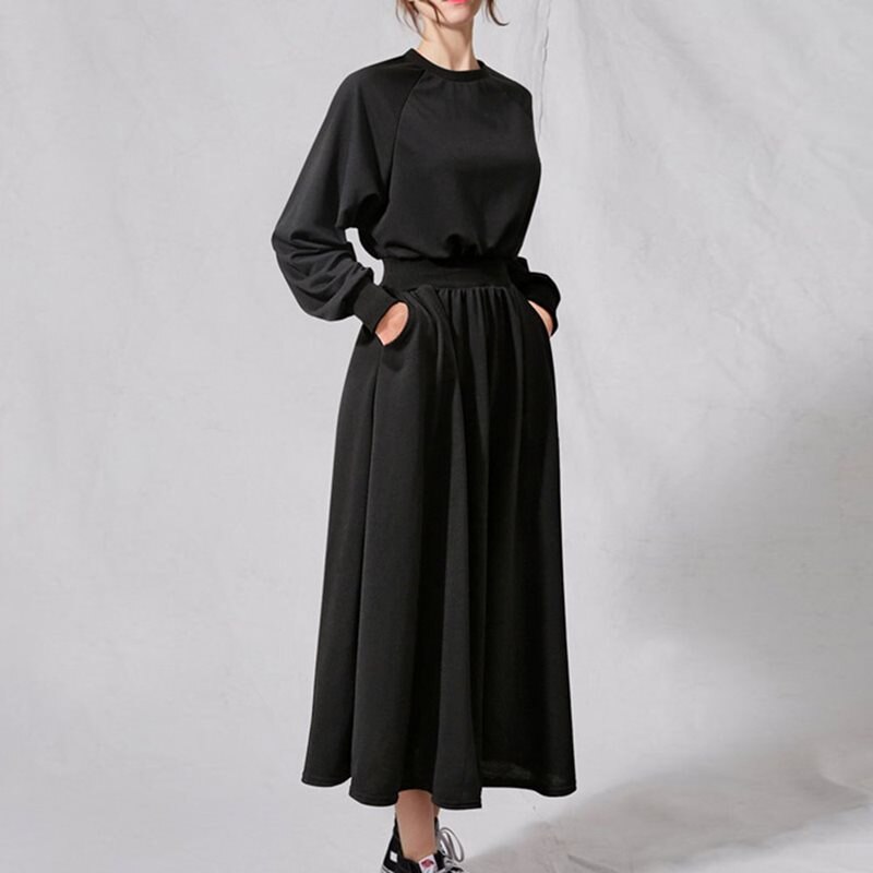 Høst vinter hettegenser kjole pluss størrelse kvinner lange ermede kjoler koreansk uformelt svart butikk størrelser 4xl 5xl fast grå en linje: Svart / Xxl