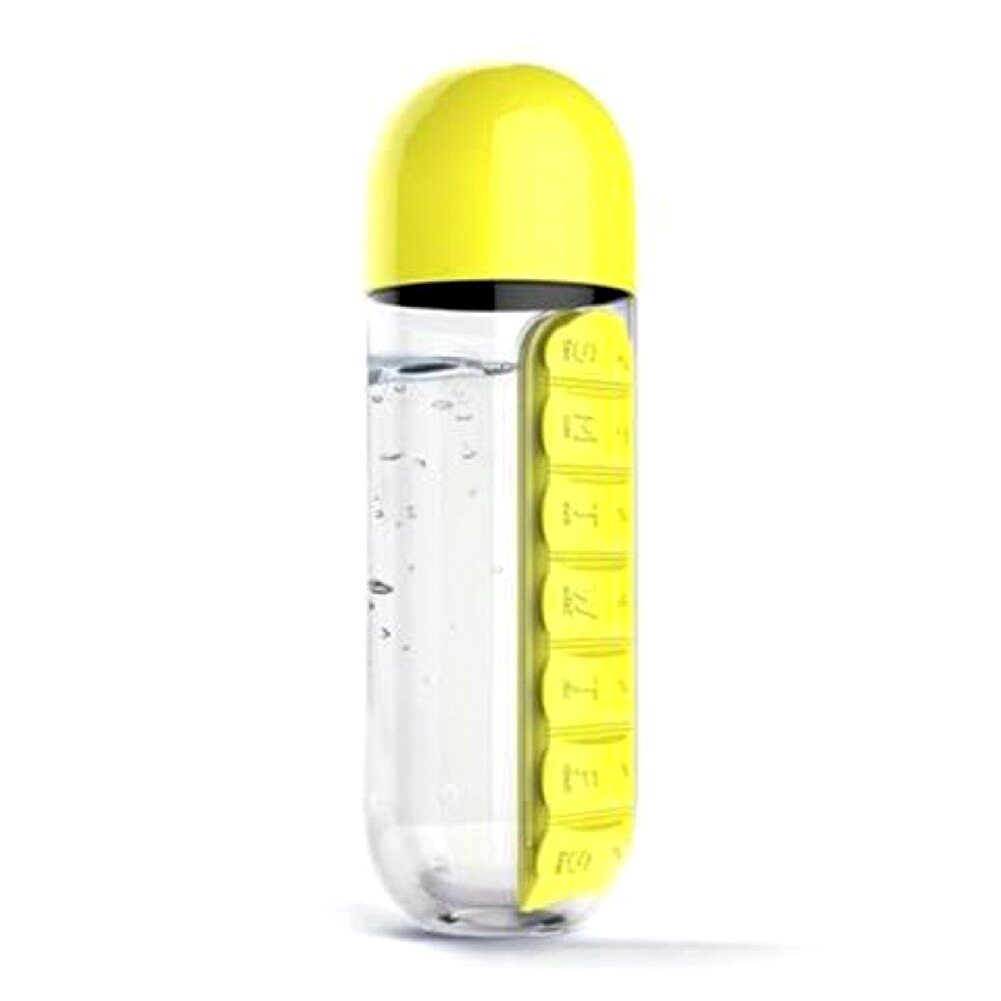 600ml 2 in 1 daglig pilleæske vandflaske rejsepille arrangør drikke kopper medicinbeholder boks stor kapacitet: Gul