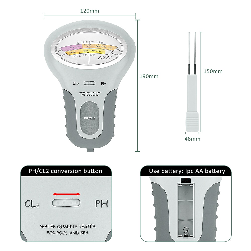 Compteur de chlore numérique PH et chlore 2 en 1, testeurs de la de l'eau, dispositif de mesure CL2 pour piscine Aquarium