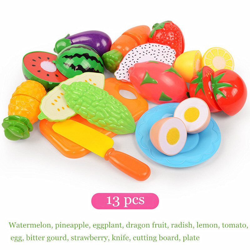 children kitchen toys Plastic fruits and vegetables toys cutting veget fruit toy Pretend Play food pizza kitchen kids toys: 13 PCS