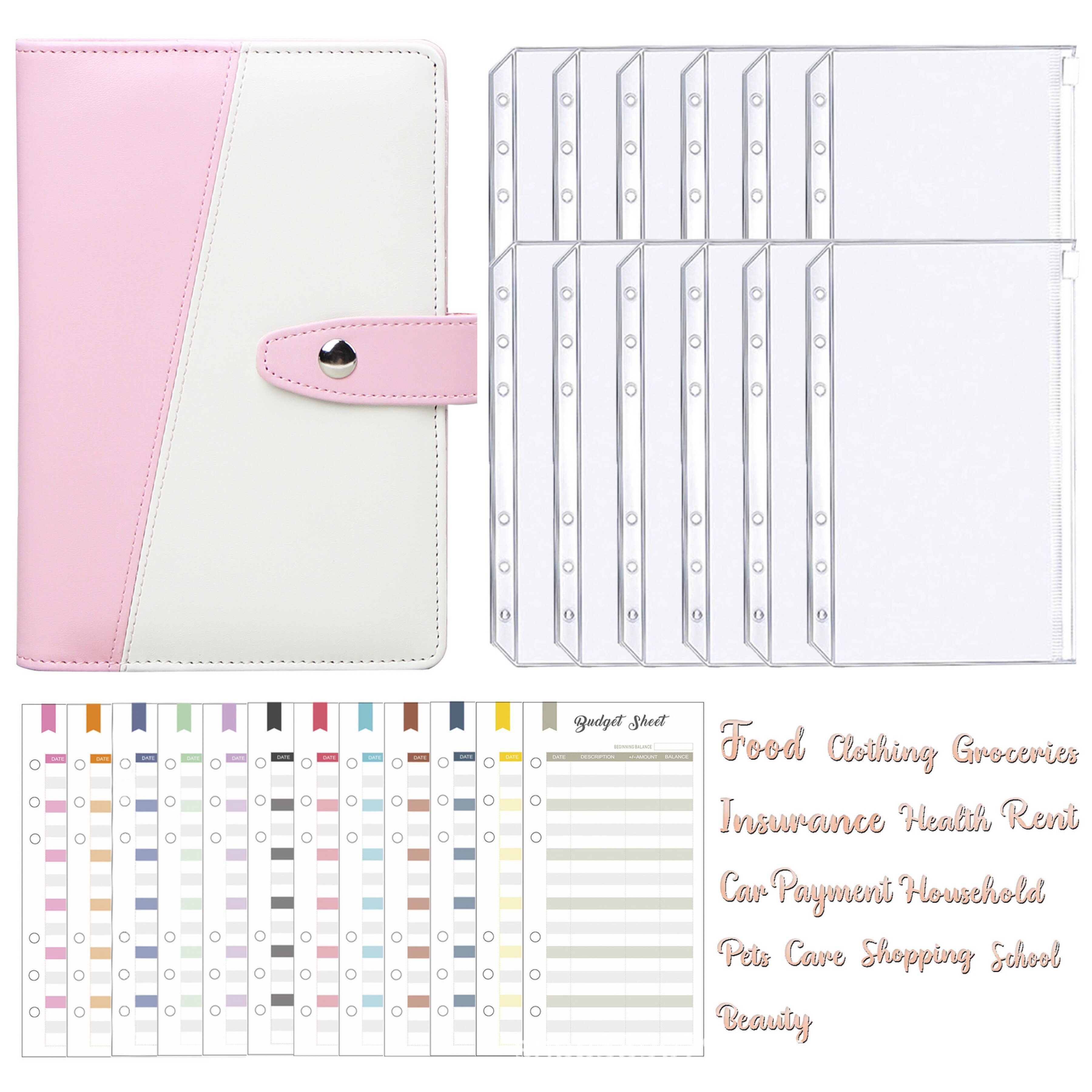 Organiseur de carnet de notes A6, classeur avec pochettes, feuilles de Budget de frais et étiquette autocollante pour planificateur de billets: A60Pink