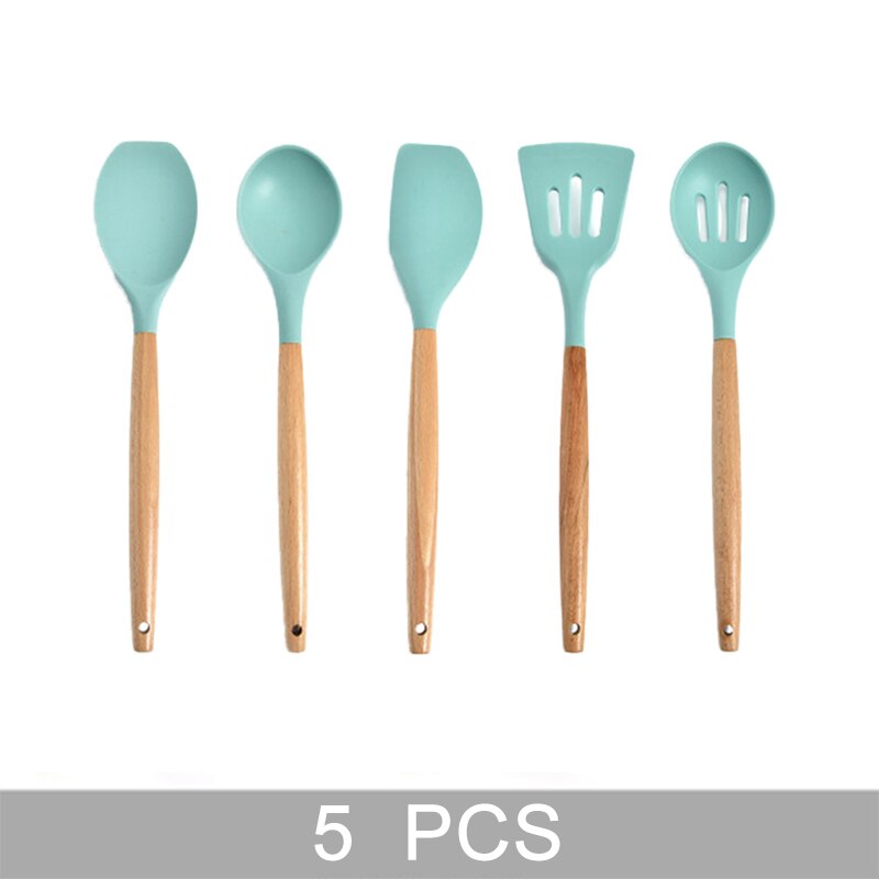 Green Silicone Kitchen Utensils Set Heat Resistant Nonstick Baking Cooking Tools 2/3/4/5/6/7/8/9 PCS Kitchenware Accessories: 5 PCS