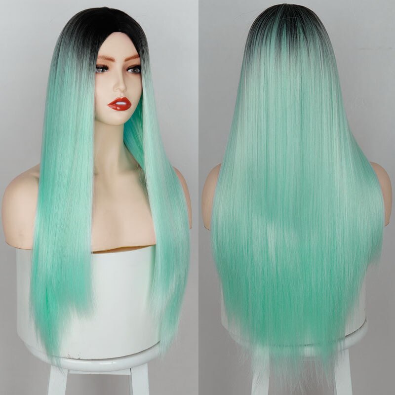 Peluca de pelo sintético para mujer, largo, liso, Rosa, Verde, con cierre, para uso diario, juego de peluca precoloreada