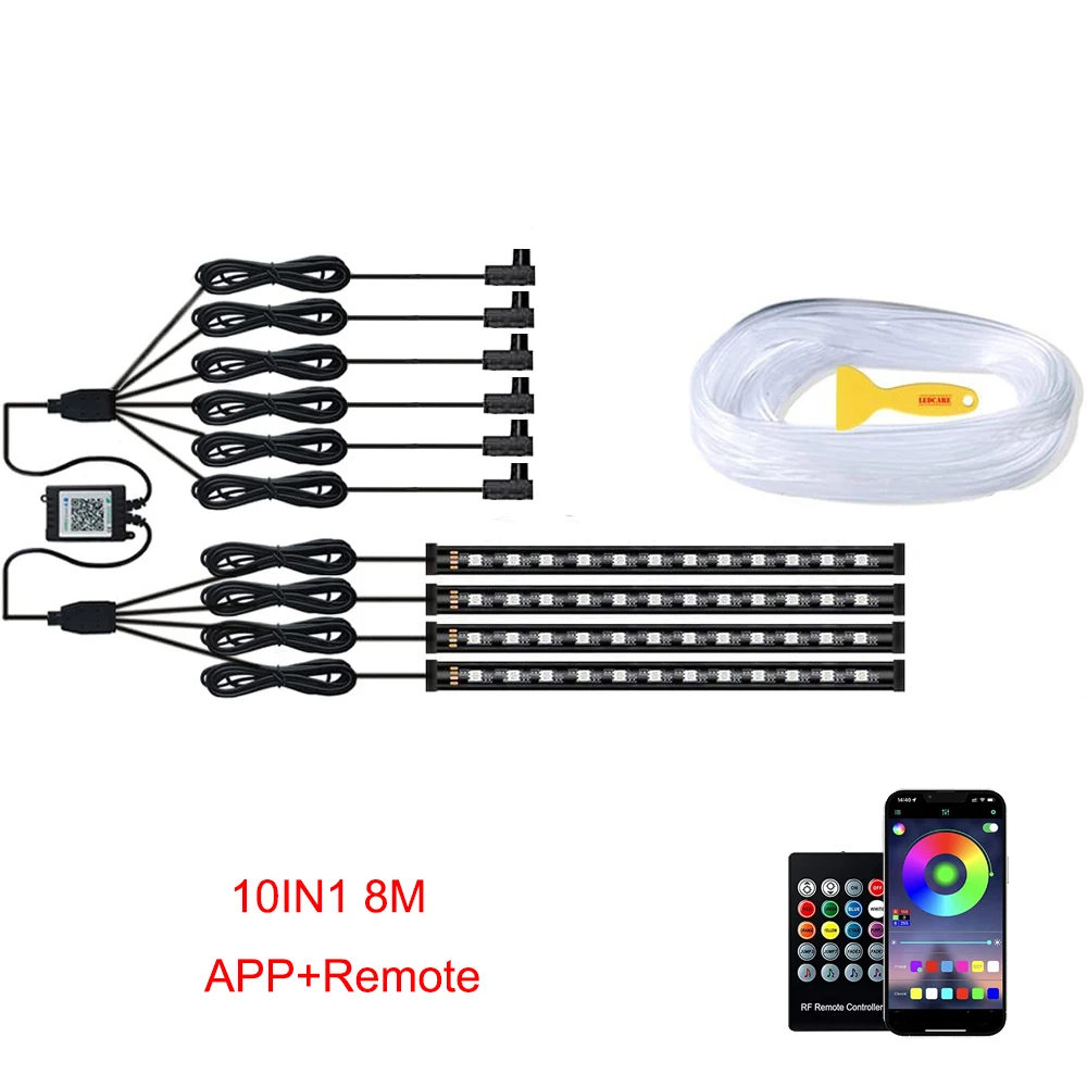 Iluminación LED ambiental de neón para coche, 6 en 1, 8m, RGB, tira de luz Interior de ambiente, Control por aplicación de fibra óptica, Lámpara decorativa LED automática: Rojo / Verde