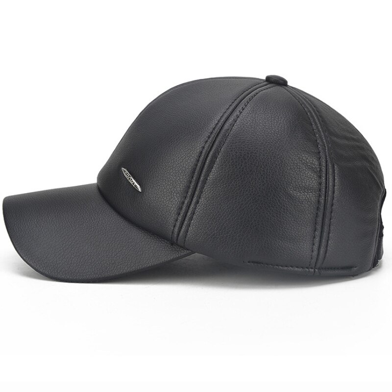 HT1876 PU Leather Baseball Caps Men Solid Black Snapback Baseball Hats Warm Winter Hats Caps for Men Adjustable Earflap Dad Caps