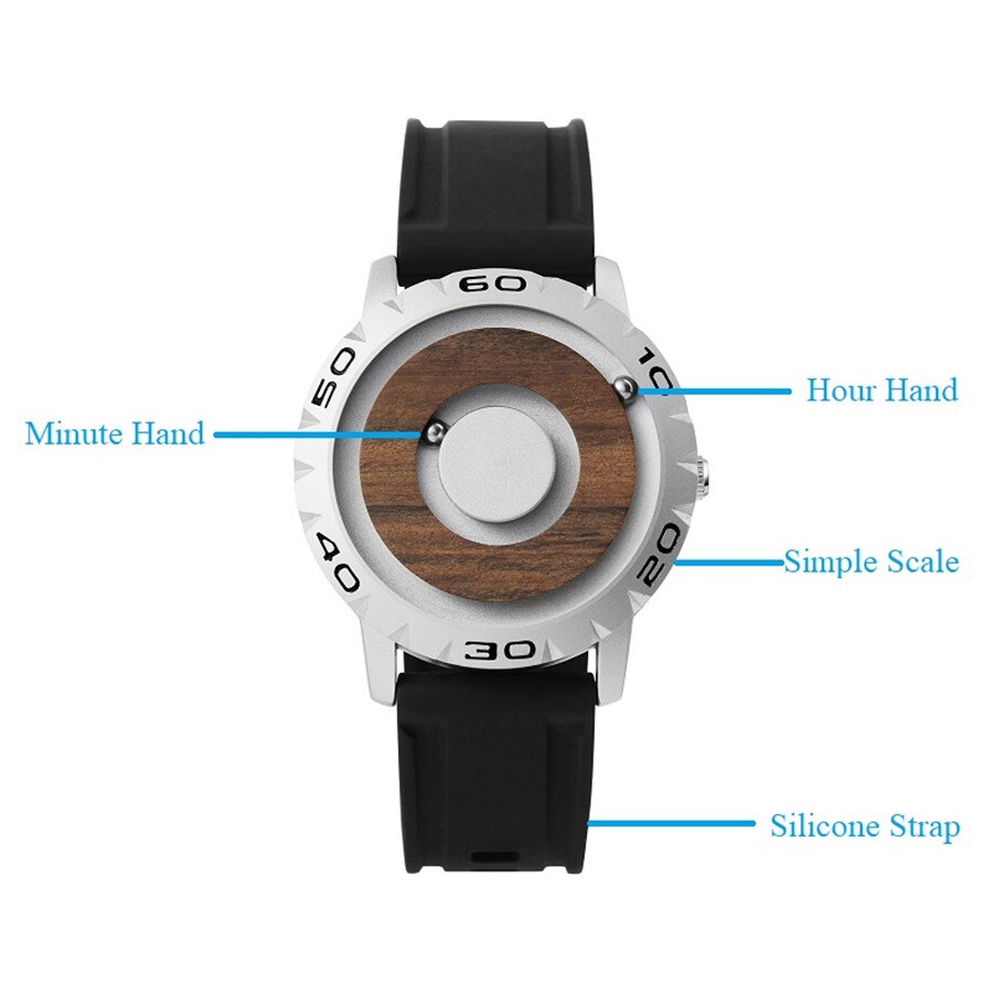 Houten Magnetische Bal Quartz Heren Horloge Eutour Heren Horloge Siliconen Band Horloge Mannen Waterdichte Sport Horloges