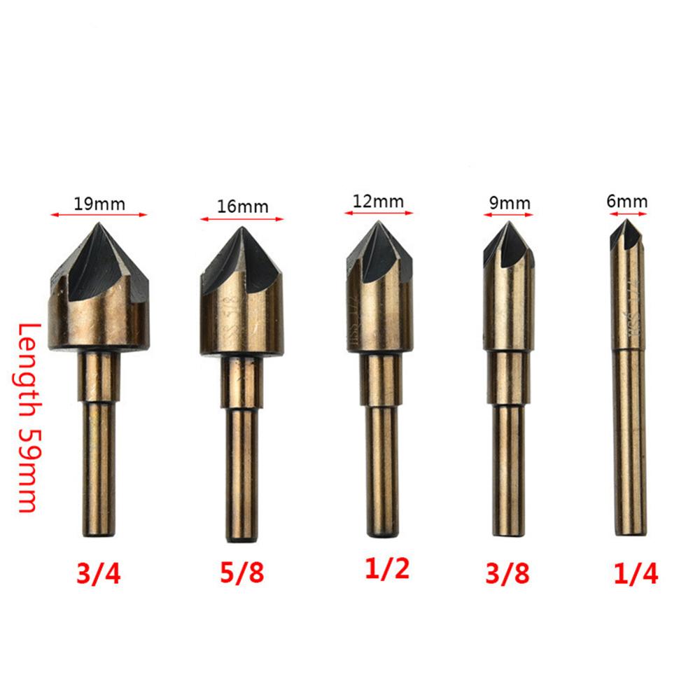 5 pcs 5 Flute Countersink Drill Bit HSS 82 Degree Point Angle Chamfer Chamfering Cutter 1/4" Round Shank For Power Tool