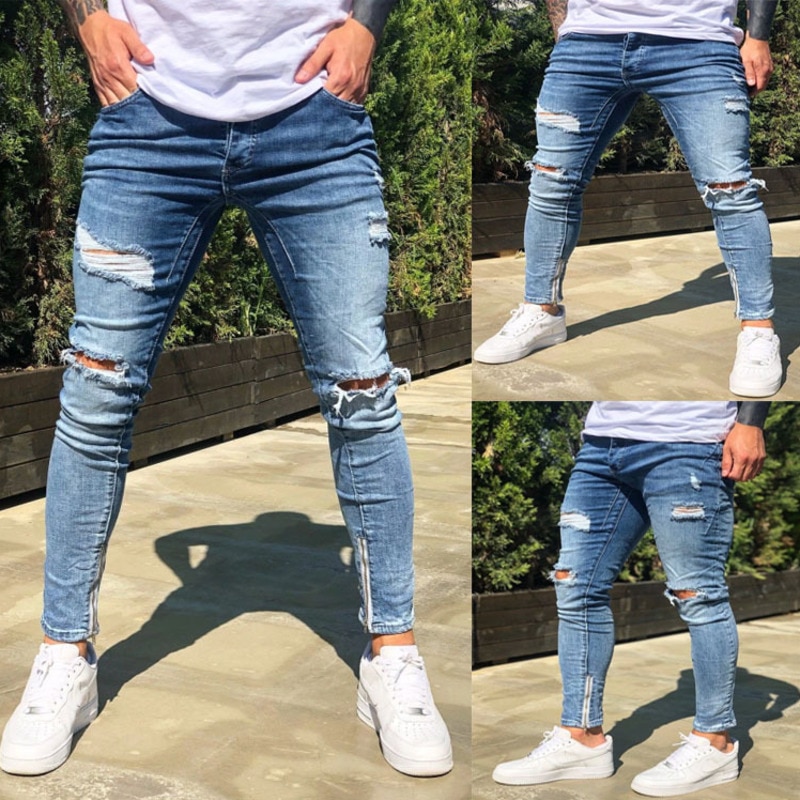 Herre jeans blå seje skinny rippet stretch slank elastisk denim bukser stor størrelse til mandlige forår sommer hip hop streetwear